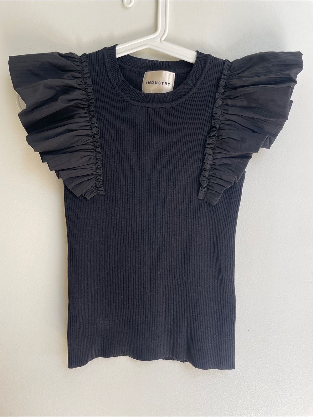 Industry Black Frill Stretch Knit Top. Size S.